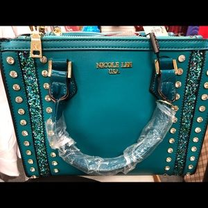 Rhinestone trimmed Nicole lee turquoise handbag
